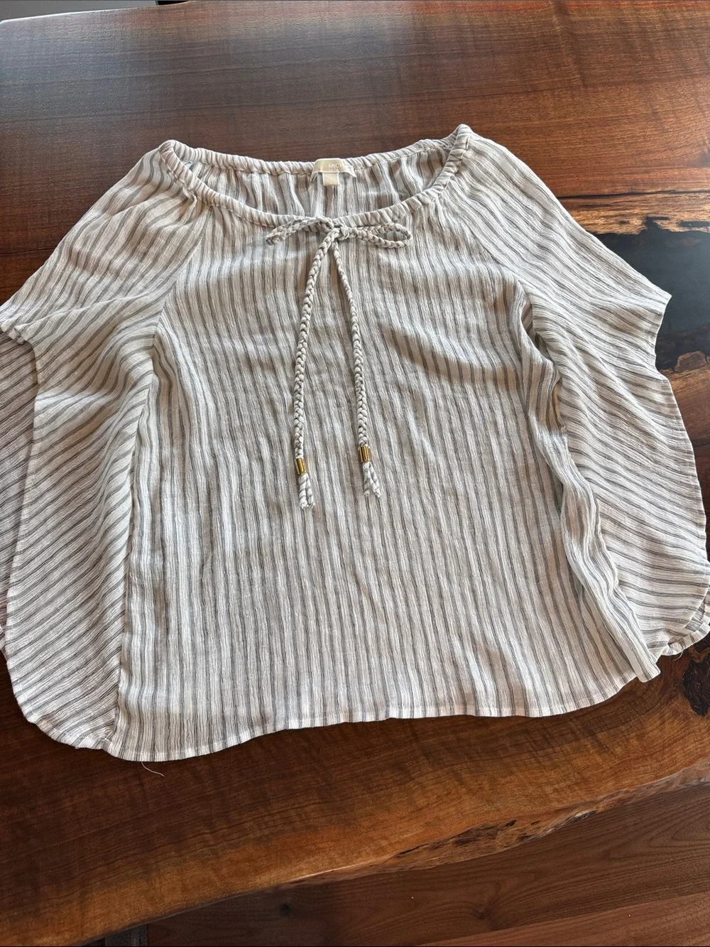 Michael Kors Light Gray Striped Peasant Blouse with Braided Tie Neck Detail